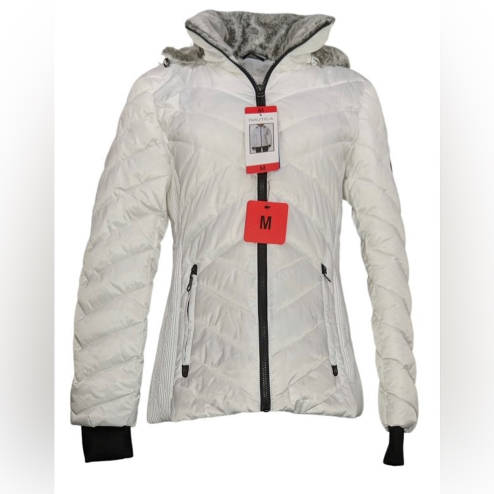 Nautica Women’s Puffer Jacket- White w/ Gray Detachable Fleece Hood Size Medium